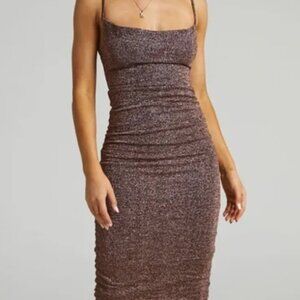NWT Showpo Brown Ruched Cowl Neck Midi Dress